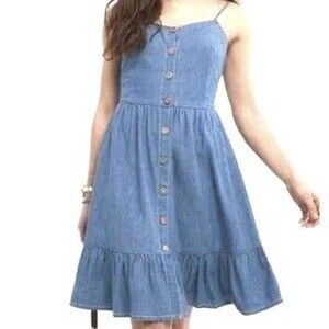 japna Blue cotton denim sundress summer mini dress button down front small xs s